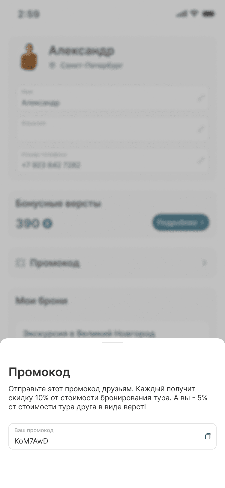 Персональный промокод с условиями скидки для друзей и вознаграждения вёрстами