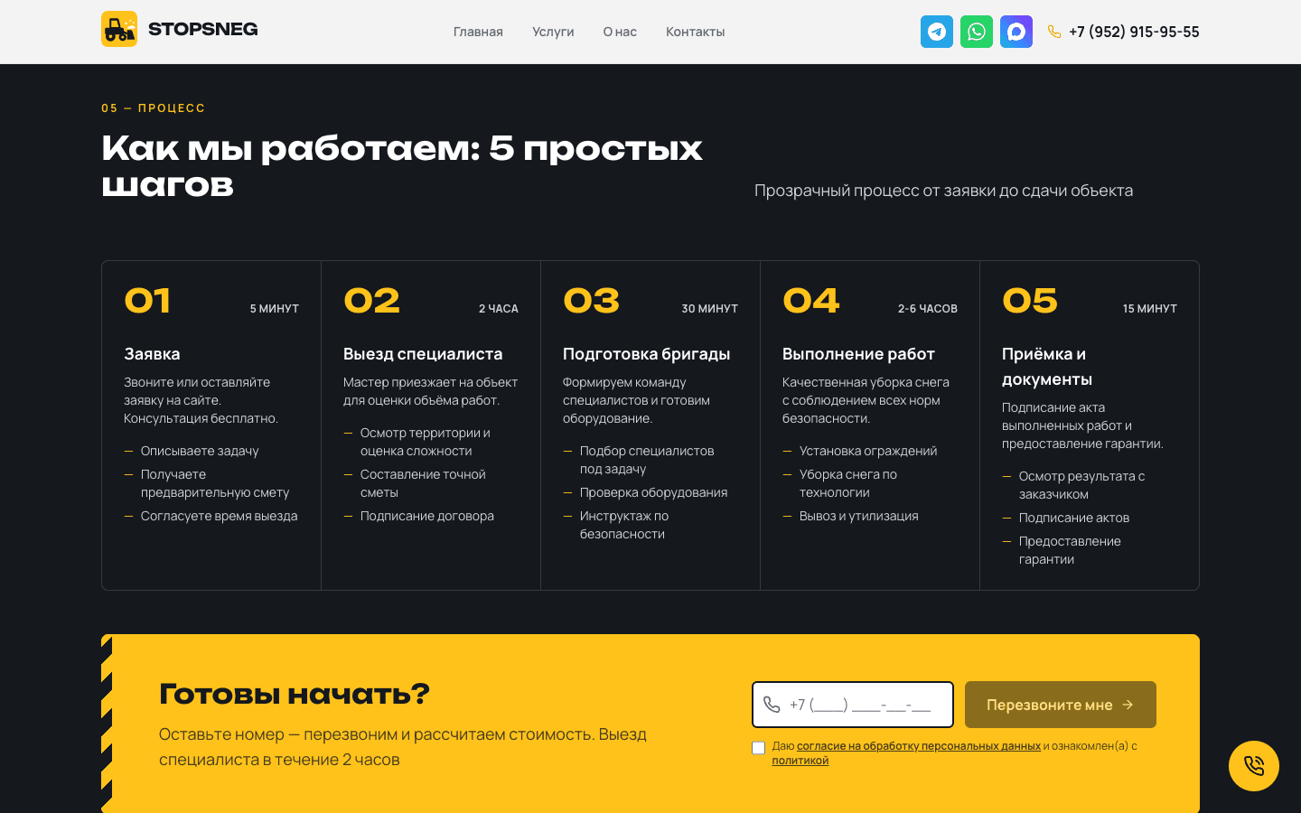 Этапы работы объясняют порядок оказания услуги, а форма ниже позволяет заказать обратный звонок